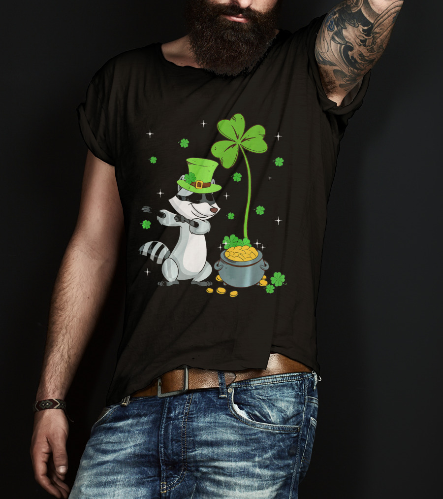 Shamrock Leprechaun Raccoon With Pot Of Gold And Clover St Patricks T-Shirt