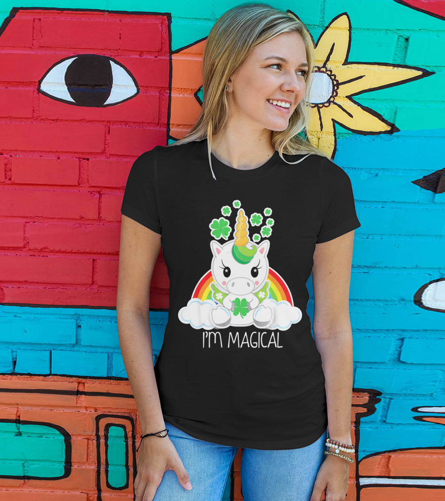 Girls Cute Unicorn I'm Magical Rainbow Clover T-Shirt