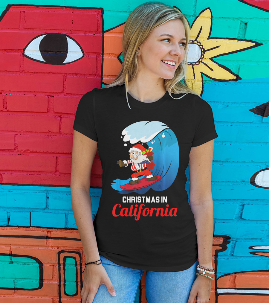 Santa Surfing Christmas In California T-Shirt