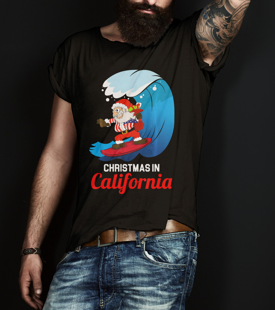 Santa Surfing Christmas In California T-Shirt