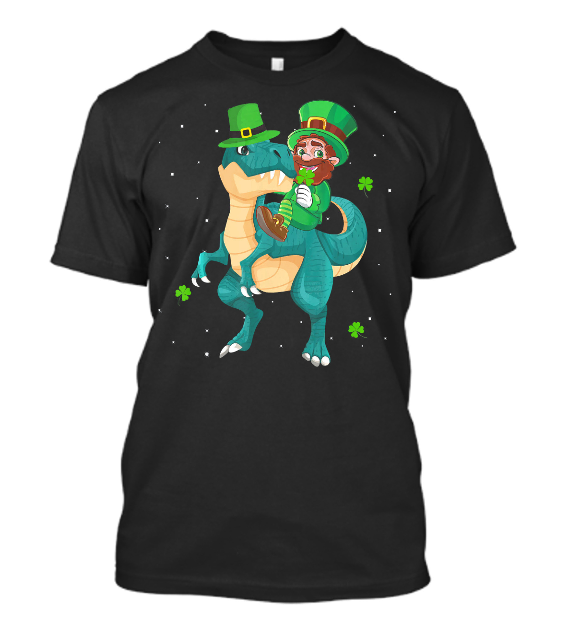 Leprechaun Riding Rex Dinosaur With Shamrocks And Stars T-Shirt