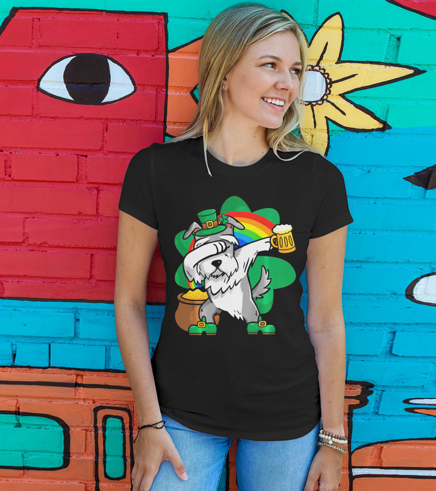 Funny Dabbing Schnauzer Leprechaun With Beer And Rainbow T-Shirt