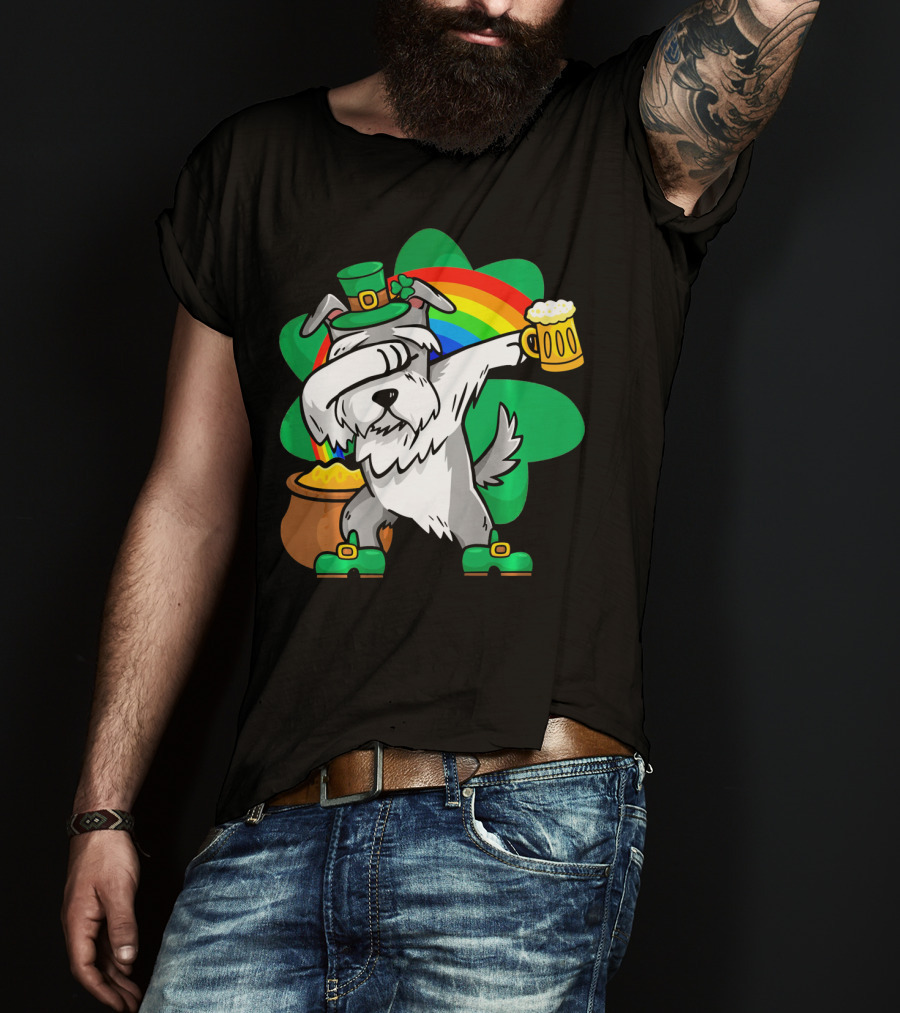 Funny Dabbing Schnauzer Leprechaun With Beer And Rainbow T-Shirt