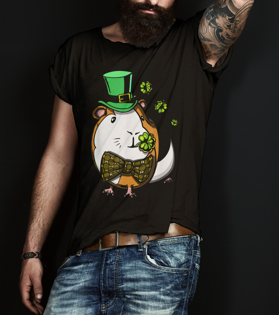 Leprechaun Guinea Pig St Patricks Irish Clover Bow Tie Green Hat T-Shirt