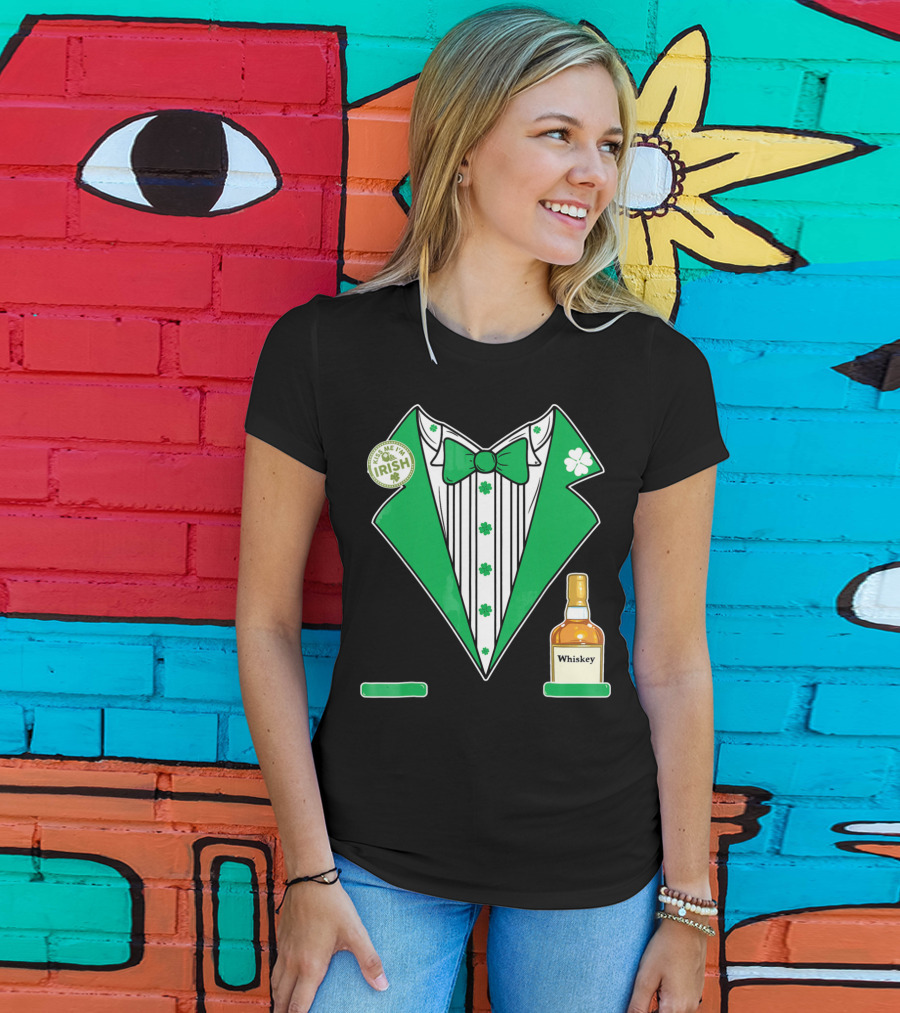 Kiss Me I'm Irish St. Patrick's Day Tuxedo With Whiskey Bottle And Shamrock T-Shirt