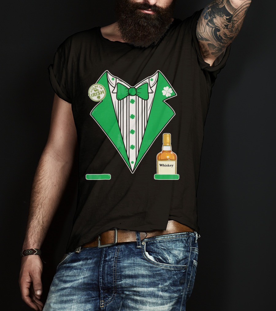 Kiss Me I'm Irish St. Patrick's Day Tuxedo With Whiskey Bottle And Shamrock T-Shirt