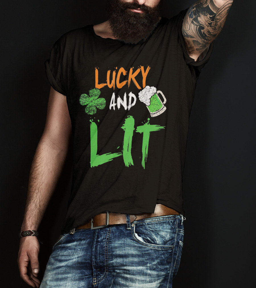 Lucky And Lit Irish Flag Shamrock Beer St. Patrick's Day T-Shirt