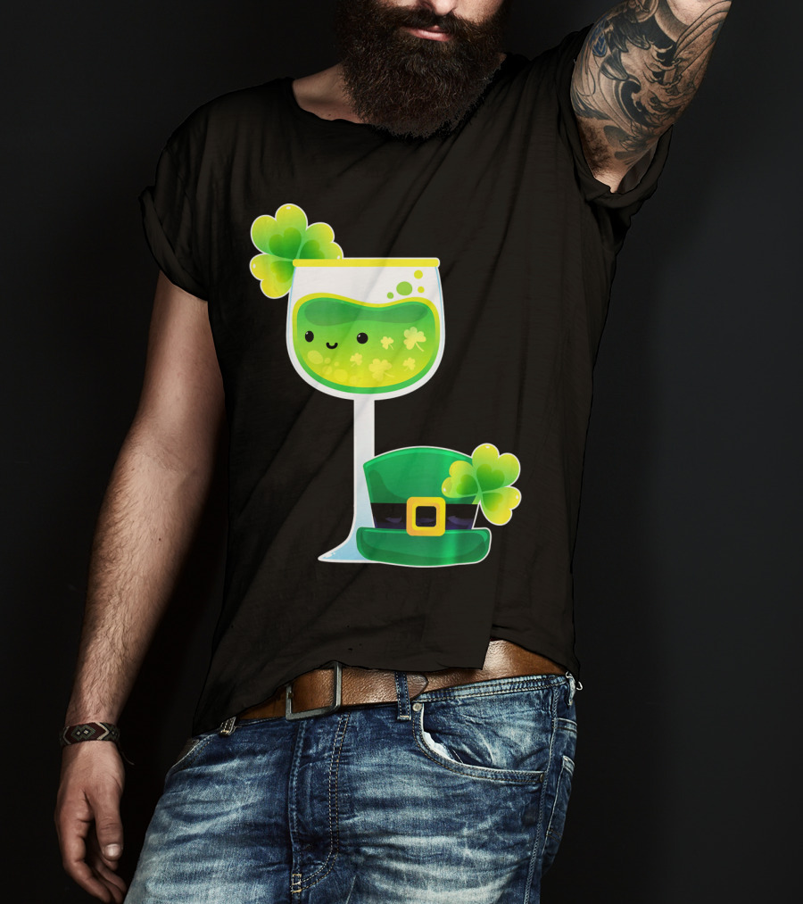 Saint Patrick's Day Green Shamrock Wine Glass With Leprechaun Hat T-Shirt