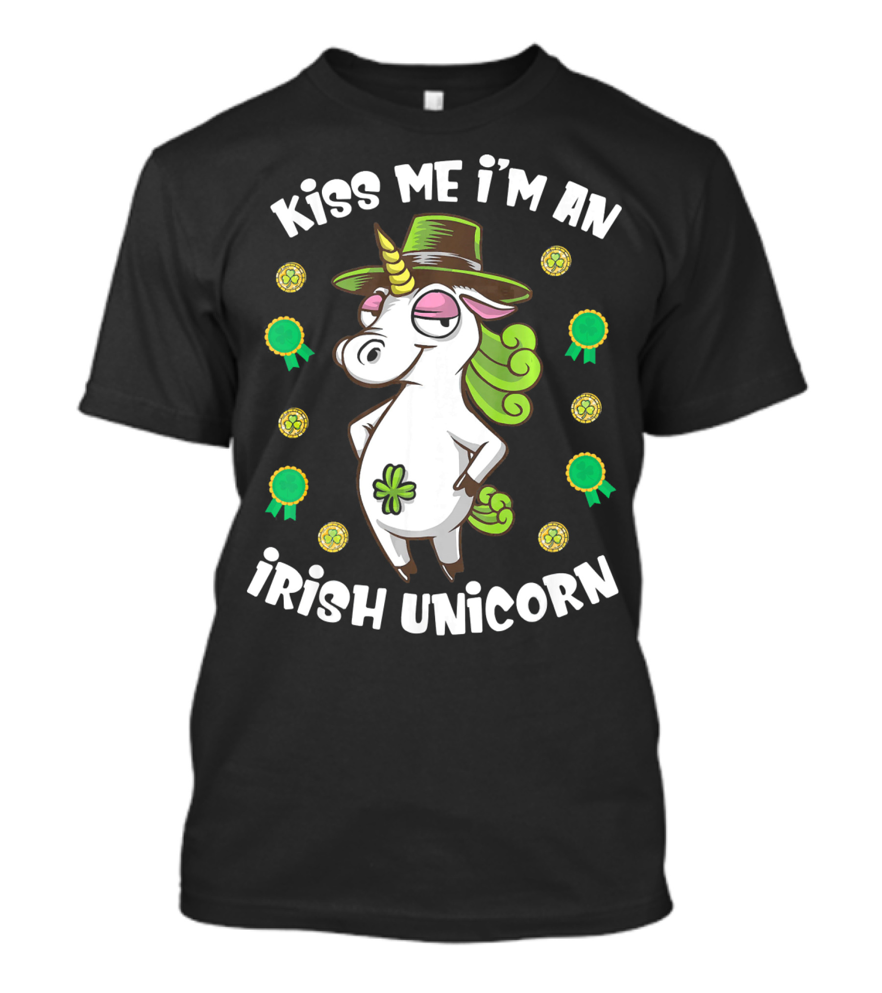 Kiss Me I'm An Irish Unicorn Shamrocks And Gold T-Shirt
