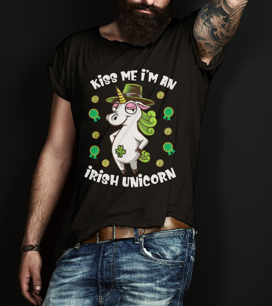 Kiss Me I'm An Irish Unicorn Shamrocks And Gold T-Shirt
