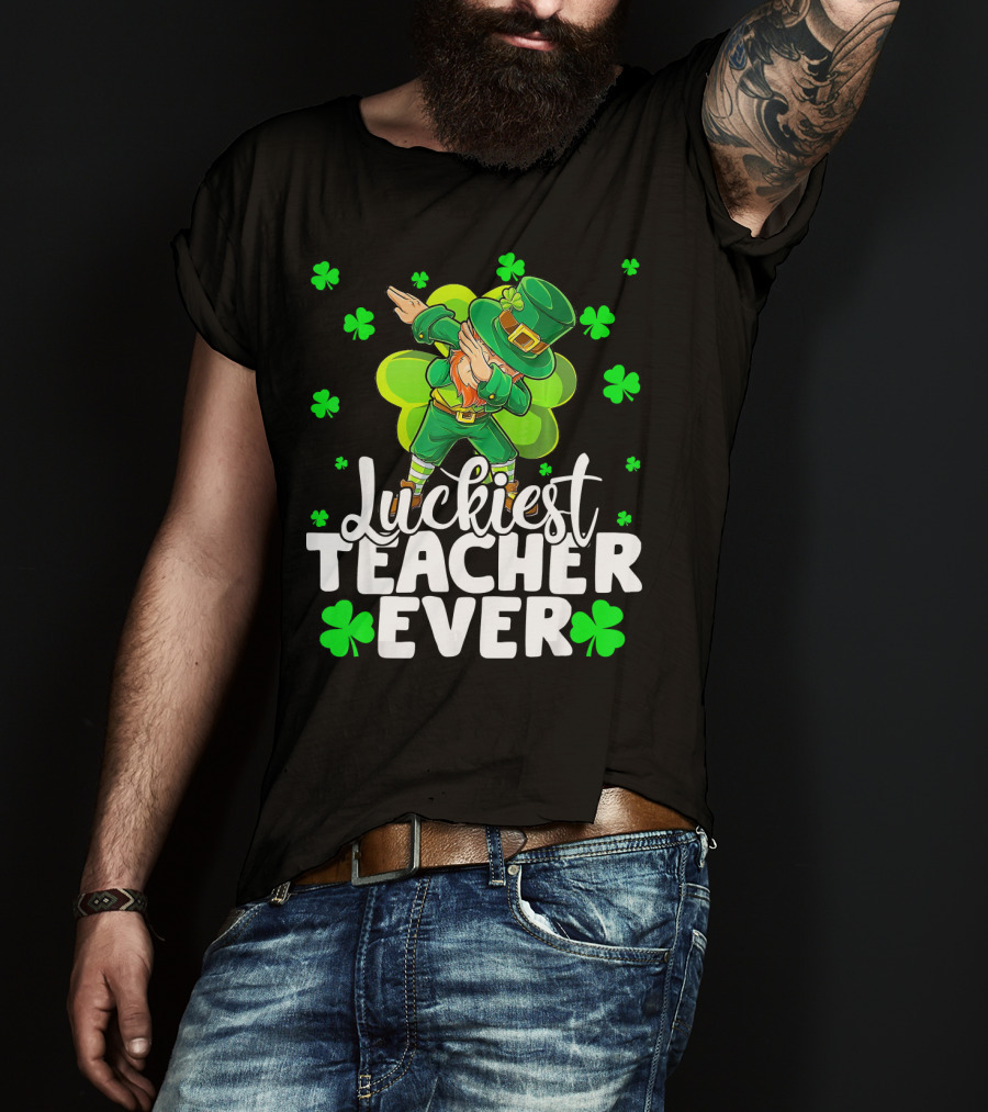 Luckiest Teacher Ever Leprechaun Dabbing With Shamrocks T-Shirt