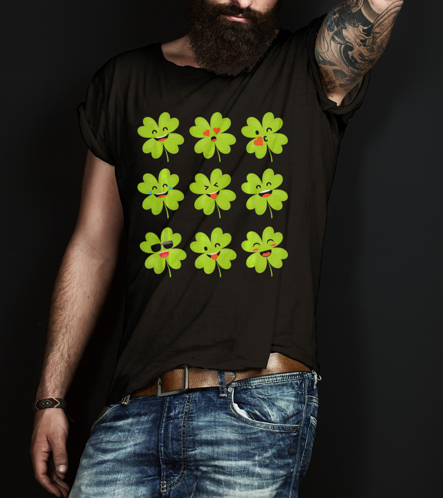 Four Leaf Clover Emojis Funny Saint Patrick's Day Smiley Faces T-Shirt