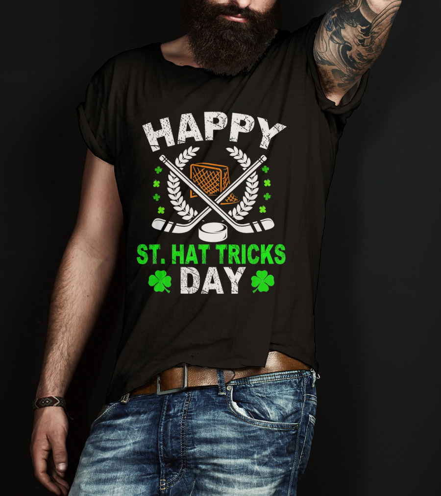 Happy St. Hat Tricks Day Hockey St. Patrick's Day Shamrocks And Sticks T-Shirt