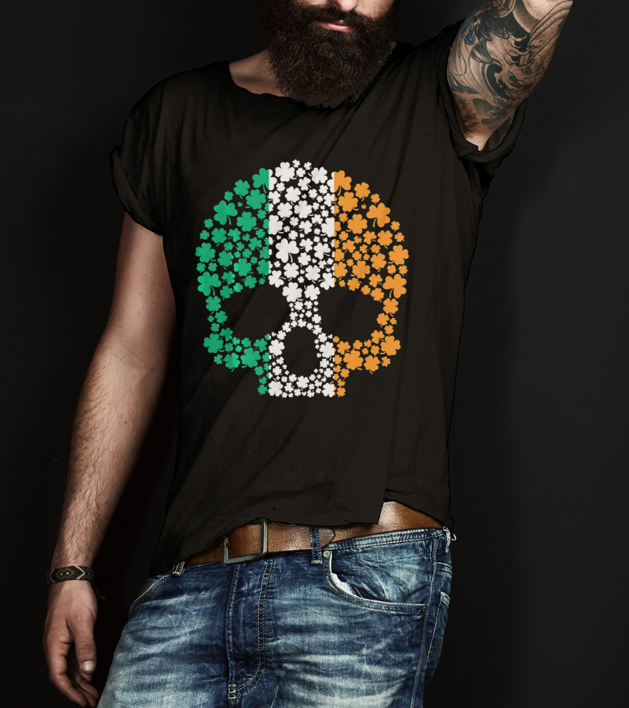 Irish Shamrock Skull With Tricolor Pattern For St. Patrick's Day T-Shirt