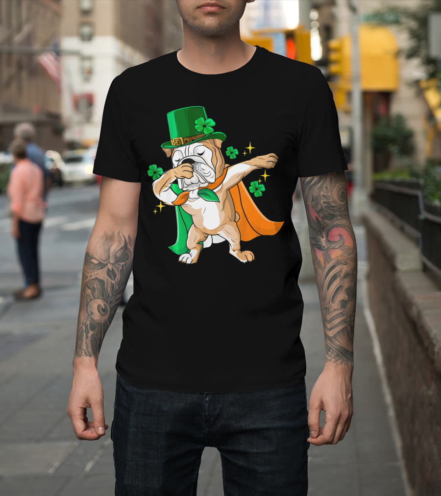 Irish Bulldog Dabbing Leprechaun With Shamrocks T-Shirt