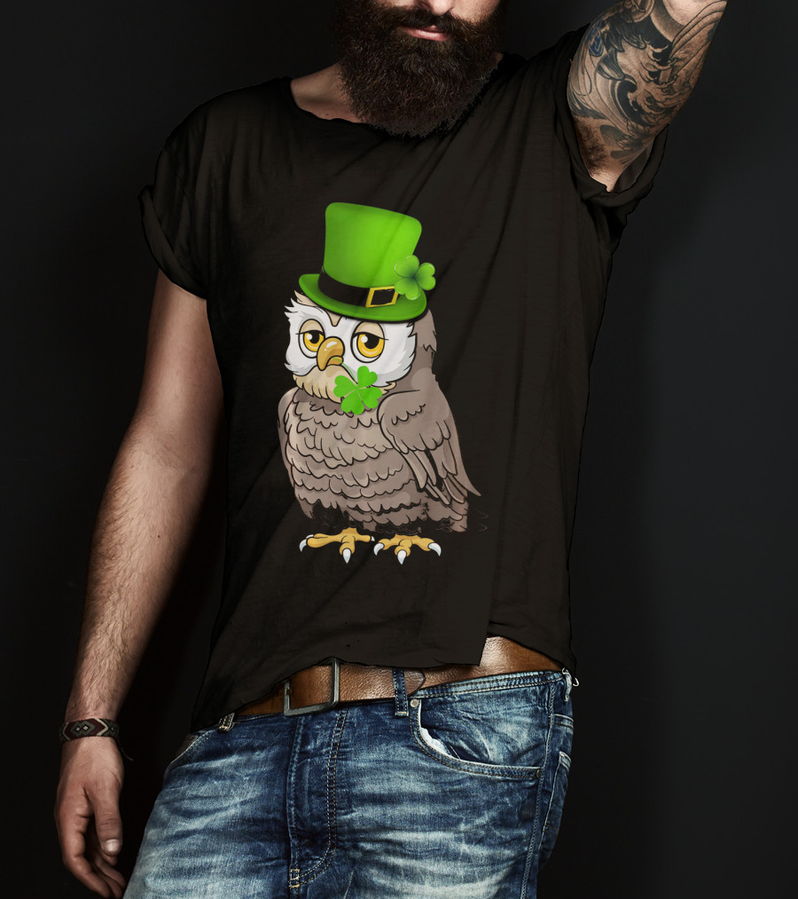 St Patricks Day Owl Wearing Green Hat With Shamrock Clove T-Shirt