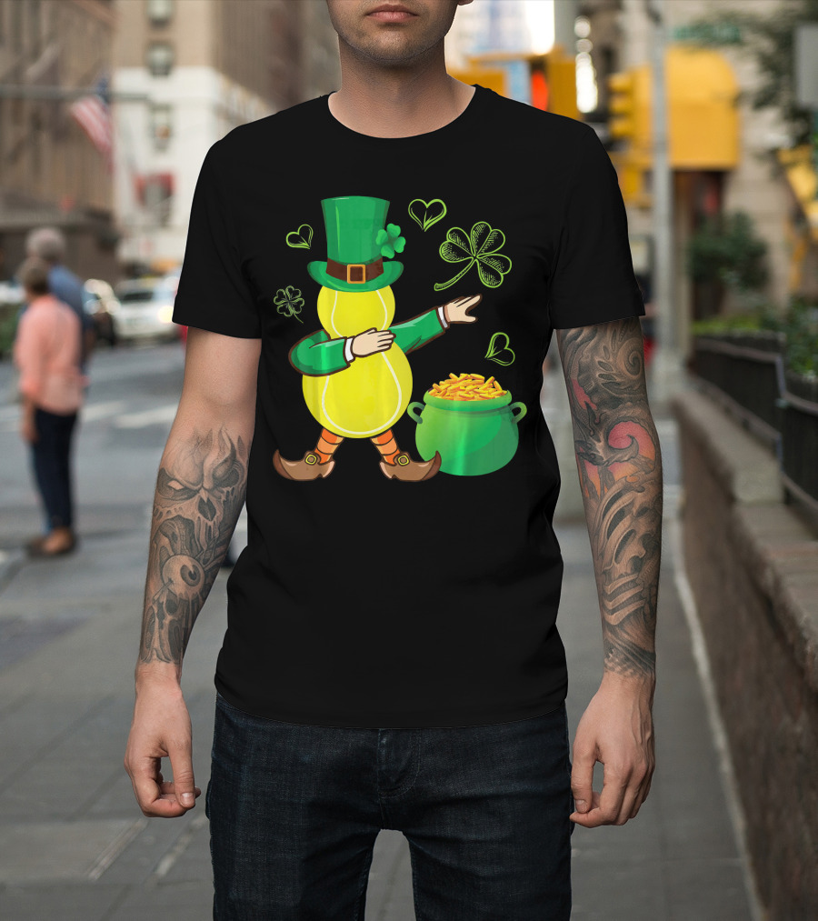 Tennis Leprechaun Dabbing With Gold Pot And Shamrocks T-Shirt