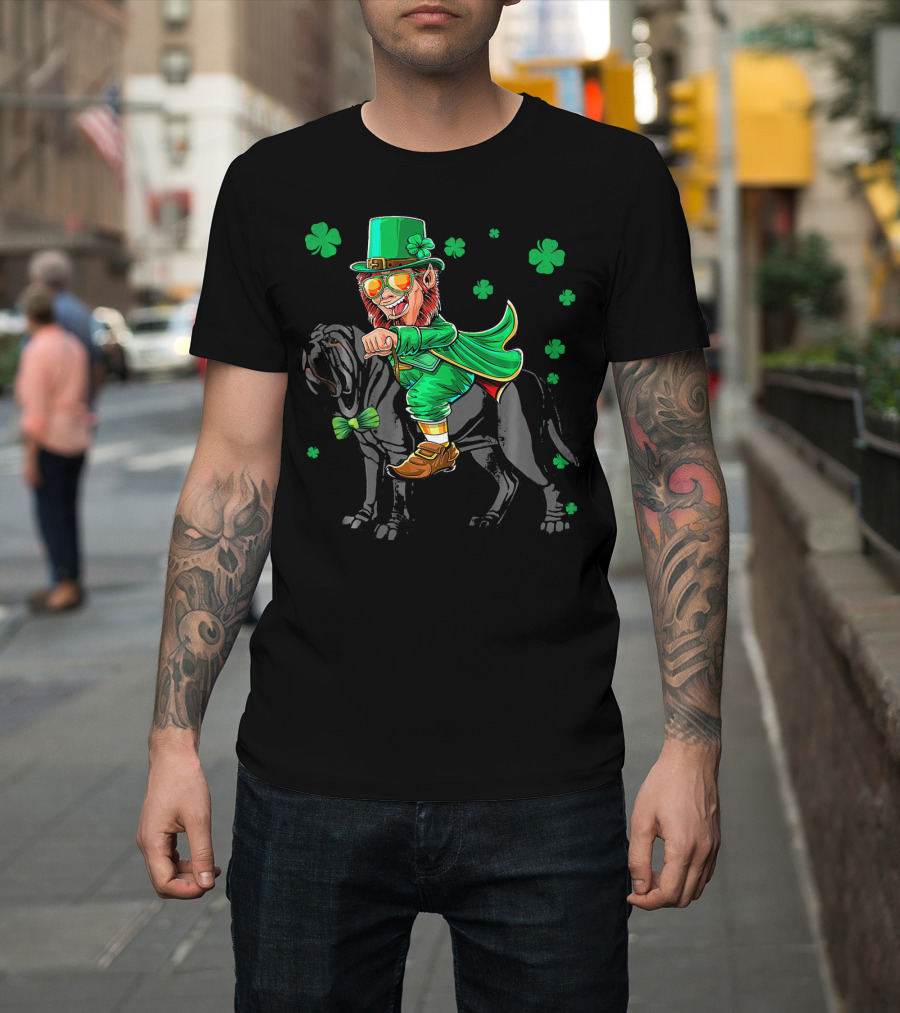 Leprechaun Riding Neapolitan Mastiff With Shamrock Accents T-Shirt