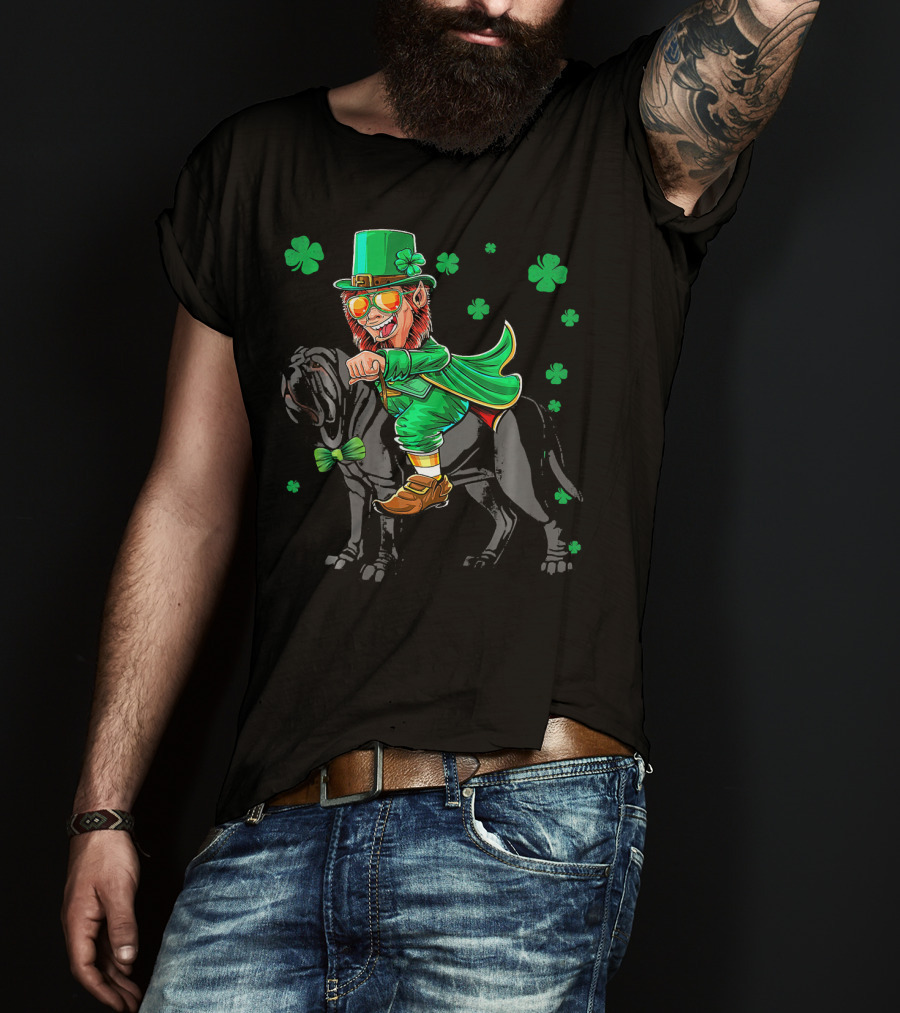 Leprechaun Riding Neapolitan Mastiff With Shamrock Accents T-Shirt