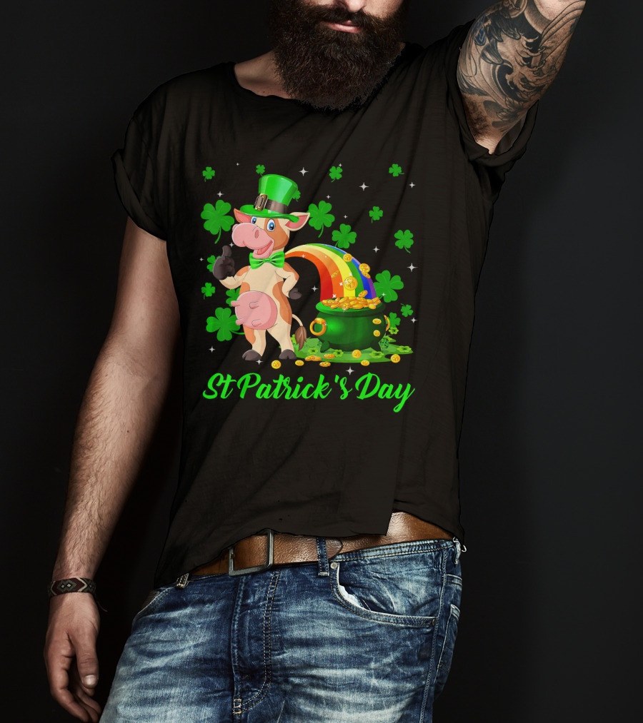 Leprechaun Cow Shamrock St Patrick's Day Rainbow Pot Of Gold T-Shirt