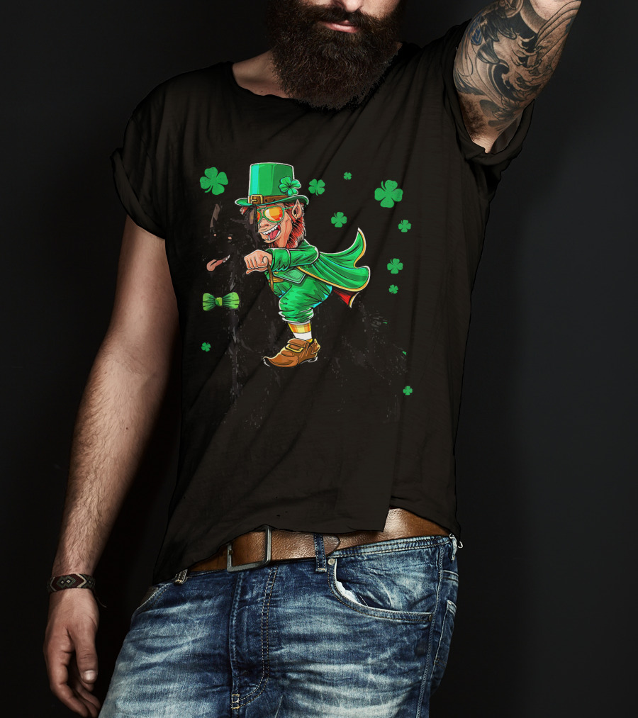 Leprechaun Riding Belgian Sheepdog With Shamrocks T-Shirt