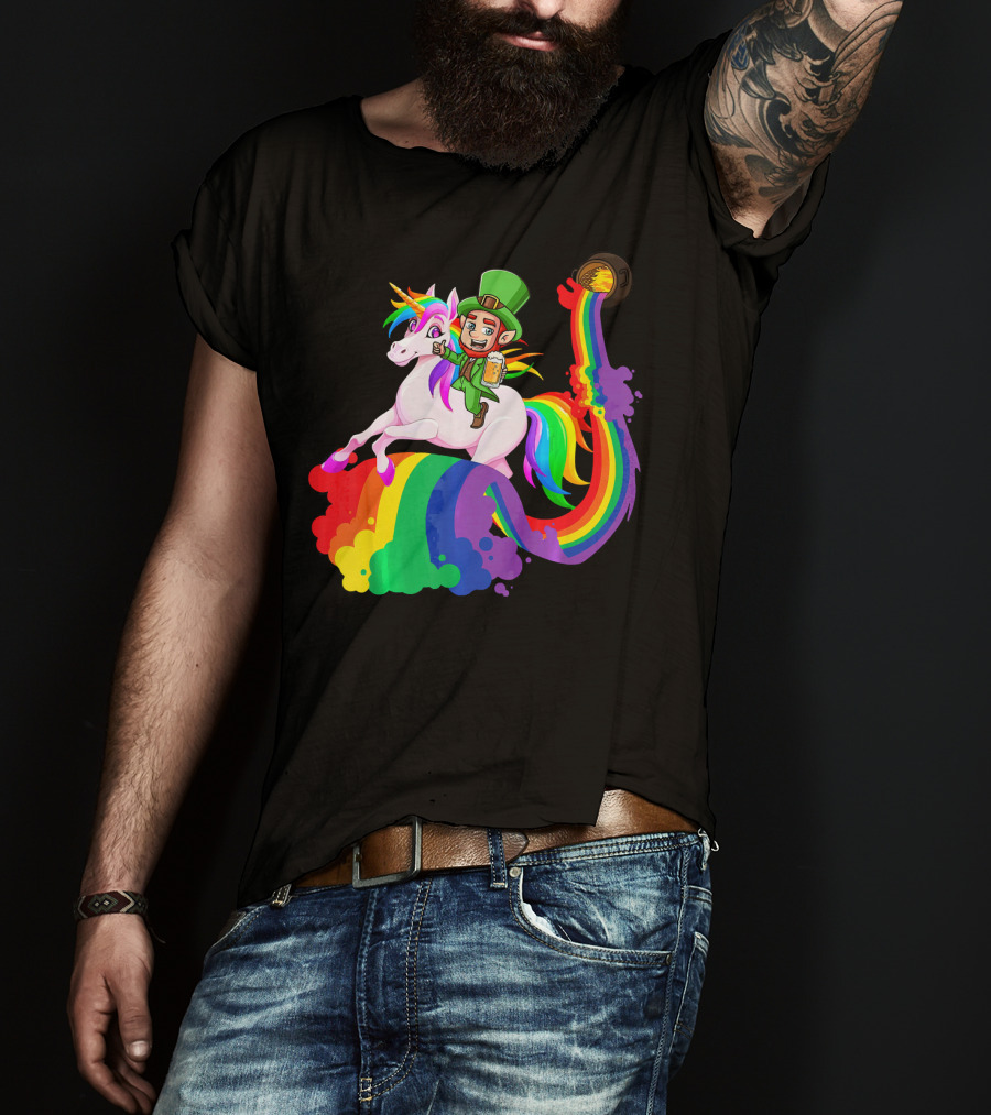 Patrick Leprechaun Riding Unicorn Rainbow With Beer And Pot Of Gold T-Shirt