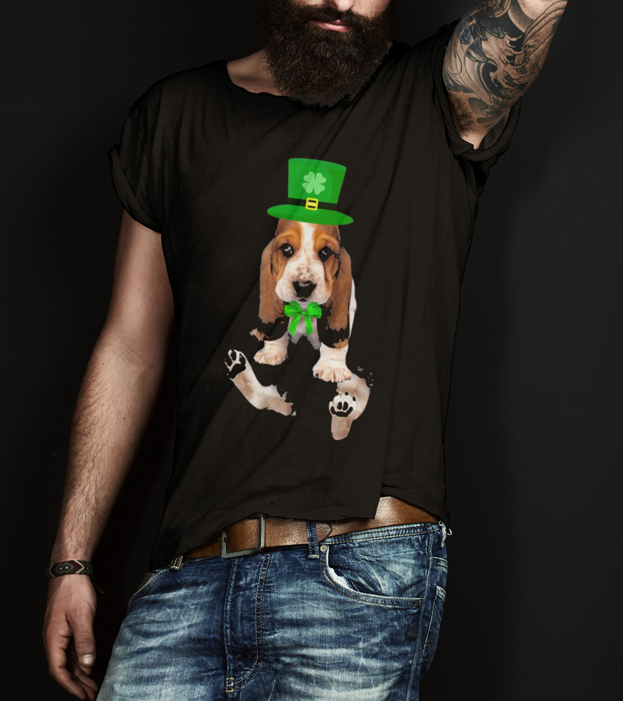 Basset Hound Puppy St. Patrick's Day Leprechaun Hat With Shamrock T-Shirt