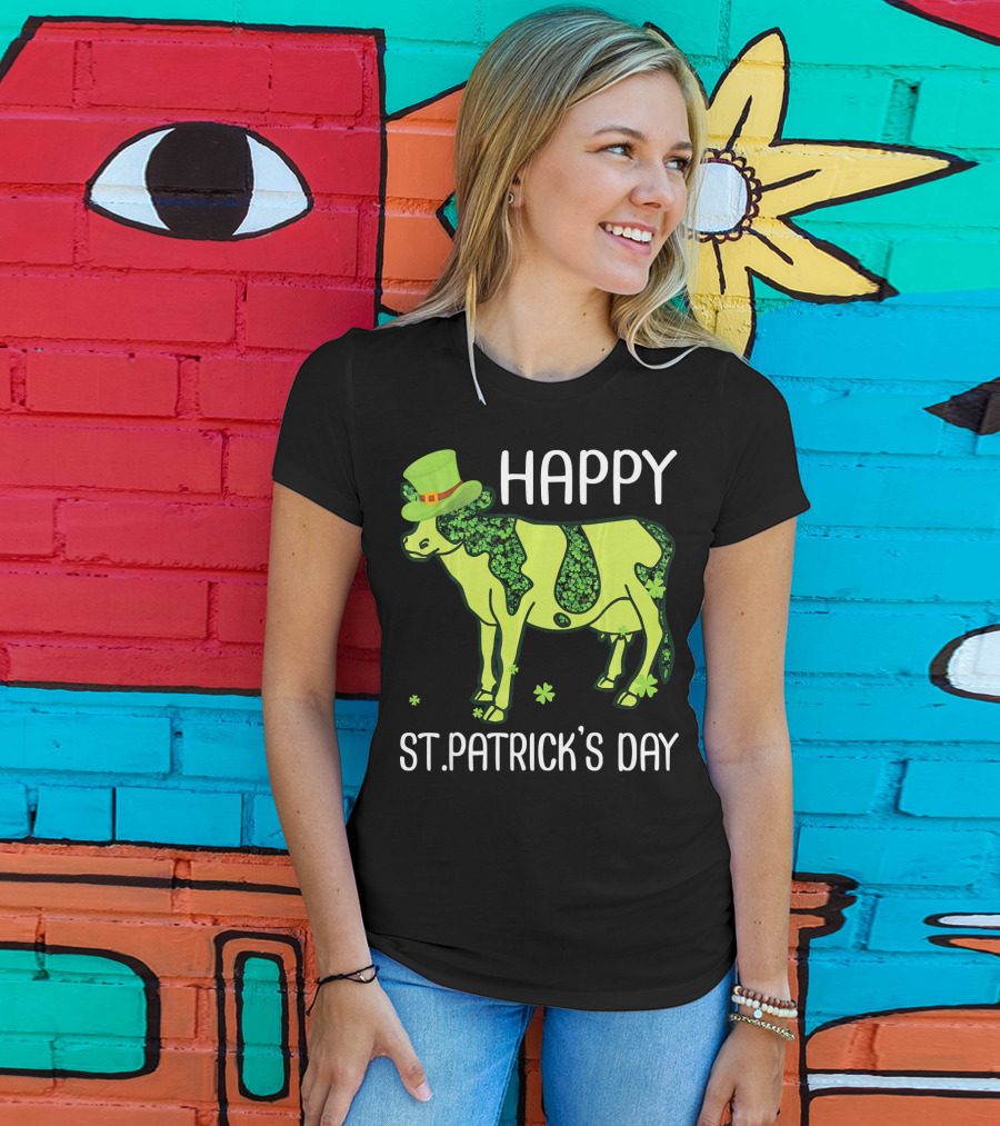 Happy St. Patrick's Day Shamrocks Cow Leprechaun T-Shirt