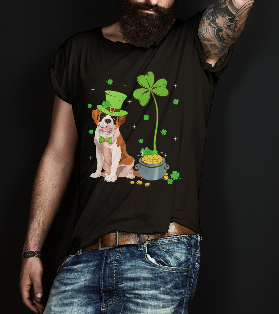 Shamrock Leprechaun Saint Bernard St Patrick's Day Dog Pot Of Gold T-Shirt