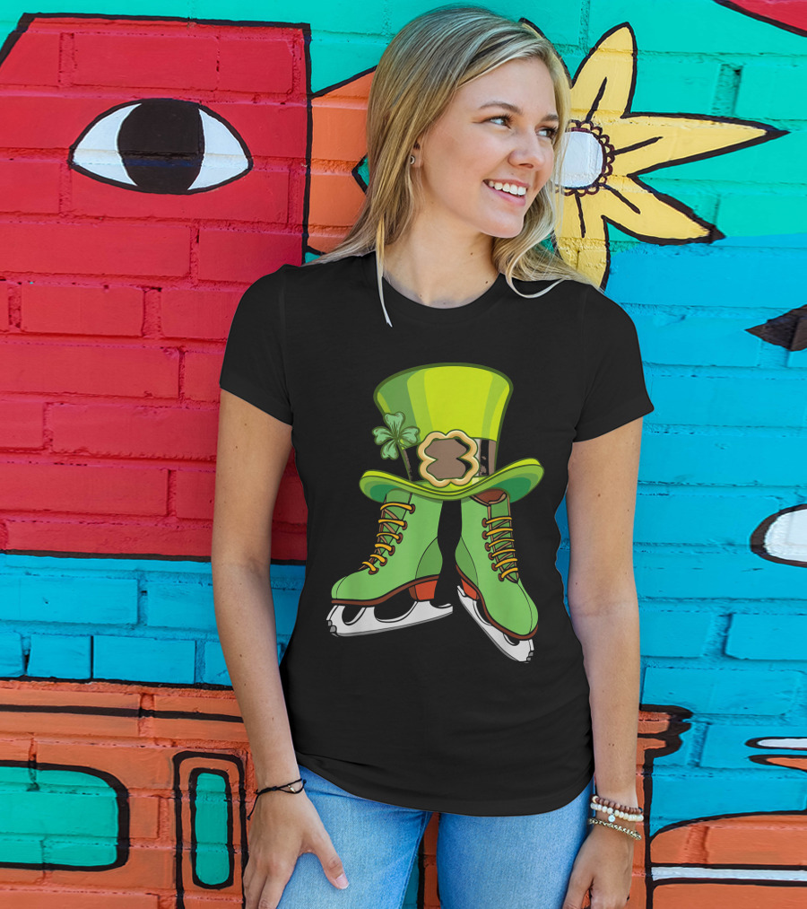 Leprechaun Figure Skating St Patricks Green Hat And Skates T-Shirt