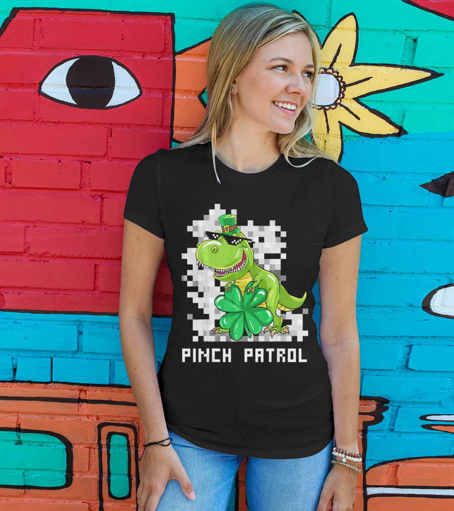 St Patrick Day Dinosaur Pinch Patrol Pixelated Clover And Hat T-Shirt