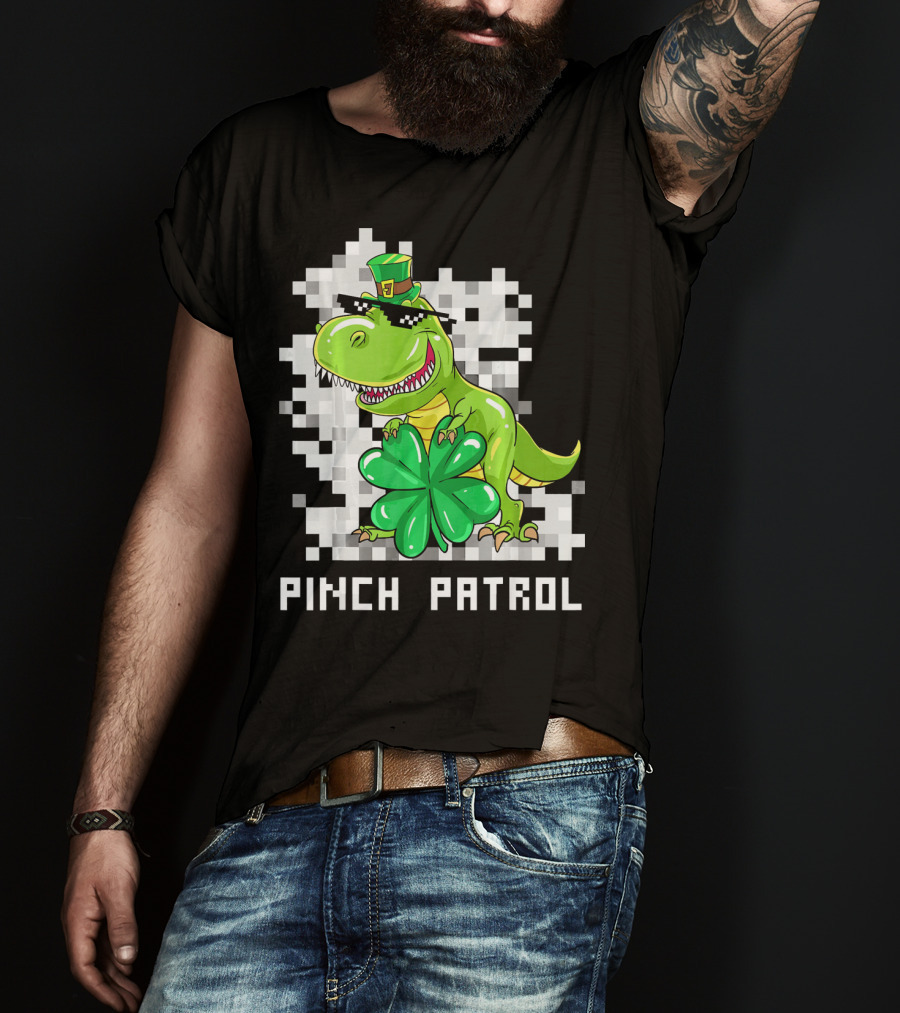 St Patrick Day Dinosaur Pinch Patrol Pixelated Clover And Hat T-Shirt
