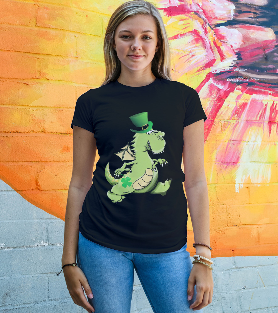 St Patrick's Day Dragon Wearing Leprechaun Hat With Shamrock T-Shirt