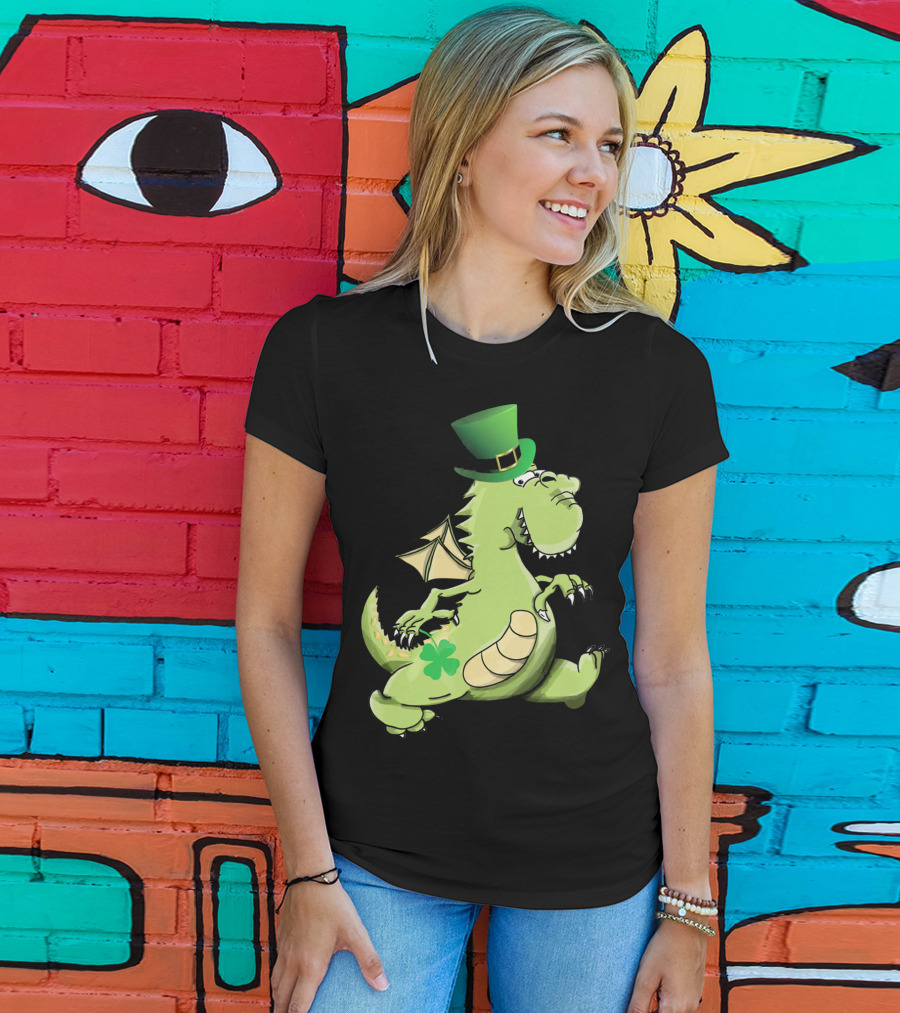 St Patrick's Day Dragon Wearing Leprechaun Hat With Shamrock T-Shirt