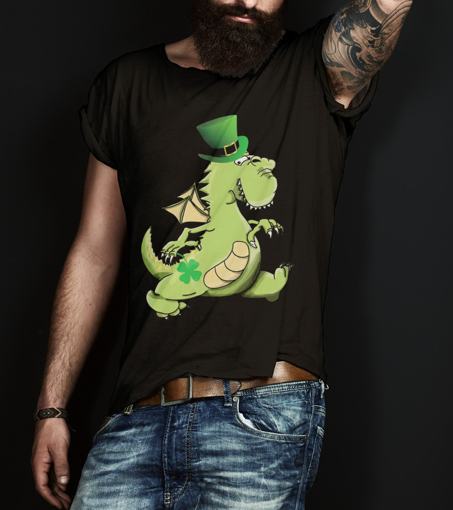 St Patrick's Day Dragon Wearing Leprechaun Hat With Shamrock T-Shirt