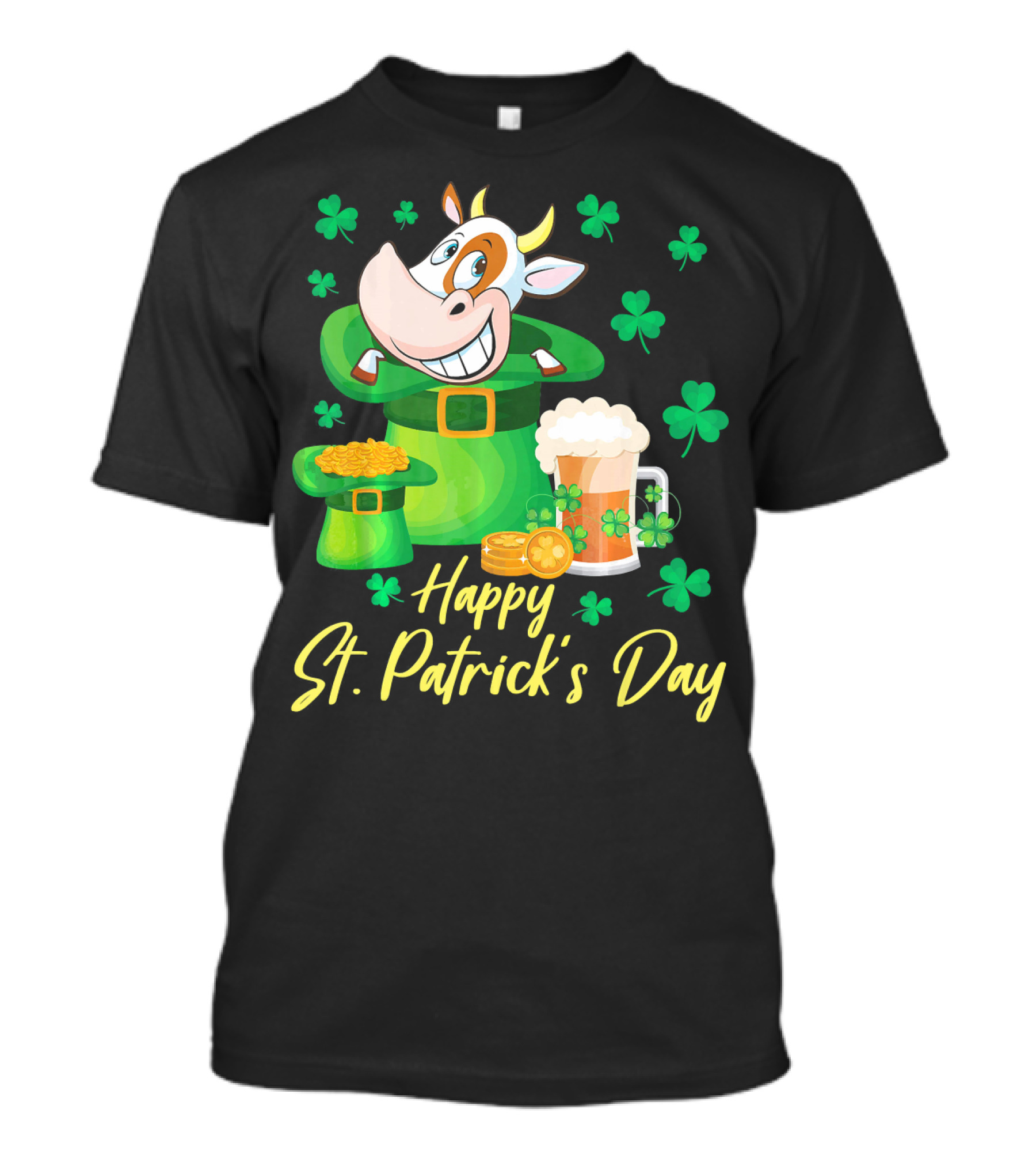 Happy St. Patrick's Day Cow Dancing In Leprechaun Hat With Gold Coins And Beer T-Shirt