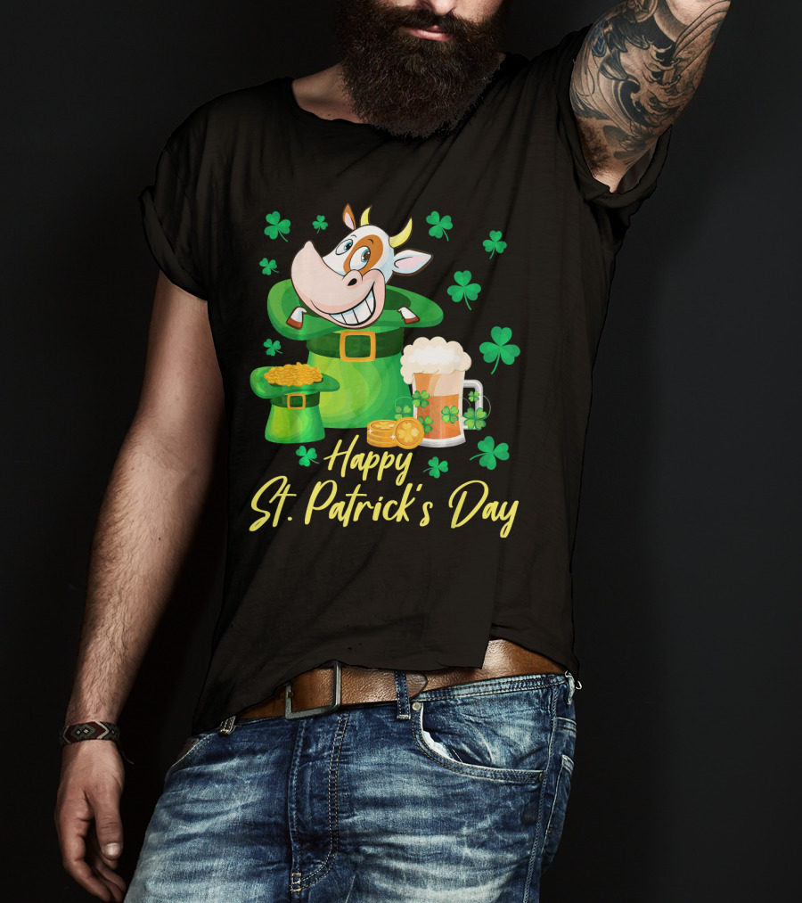 Happy St. Patrick's Day Cow Dancing In Leprechaun Hat With Gold Coins And Beer T-Shirt