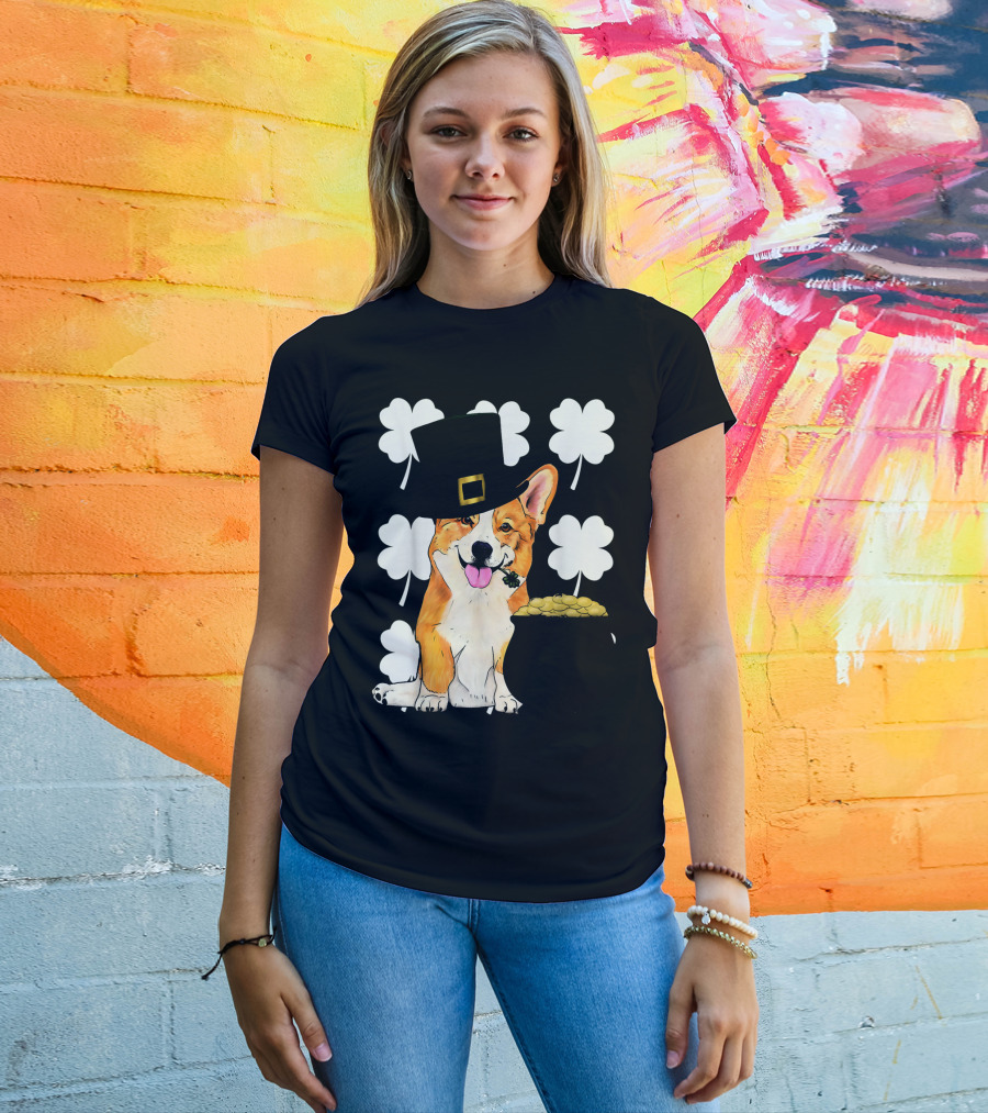 Irish Corgi St. Patricks Day Clover Leprechaun Hat And Pot Of Gold T-Shirt