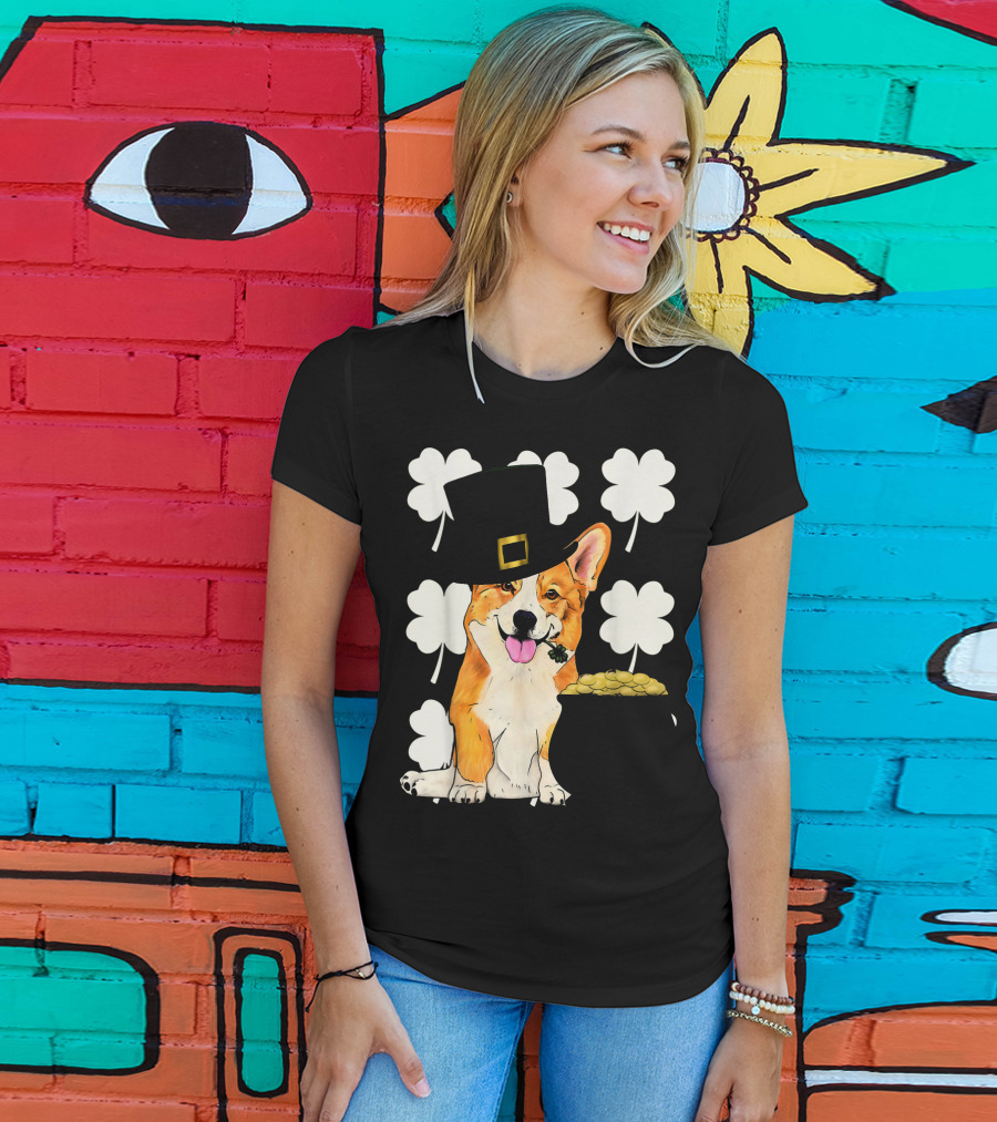 Irish Corgi St. Patricks Day Clover Leprechaun Hat And Pot Of Gold T-Shirt