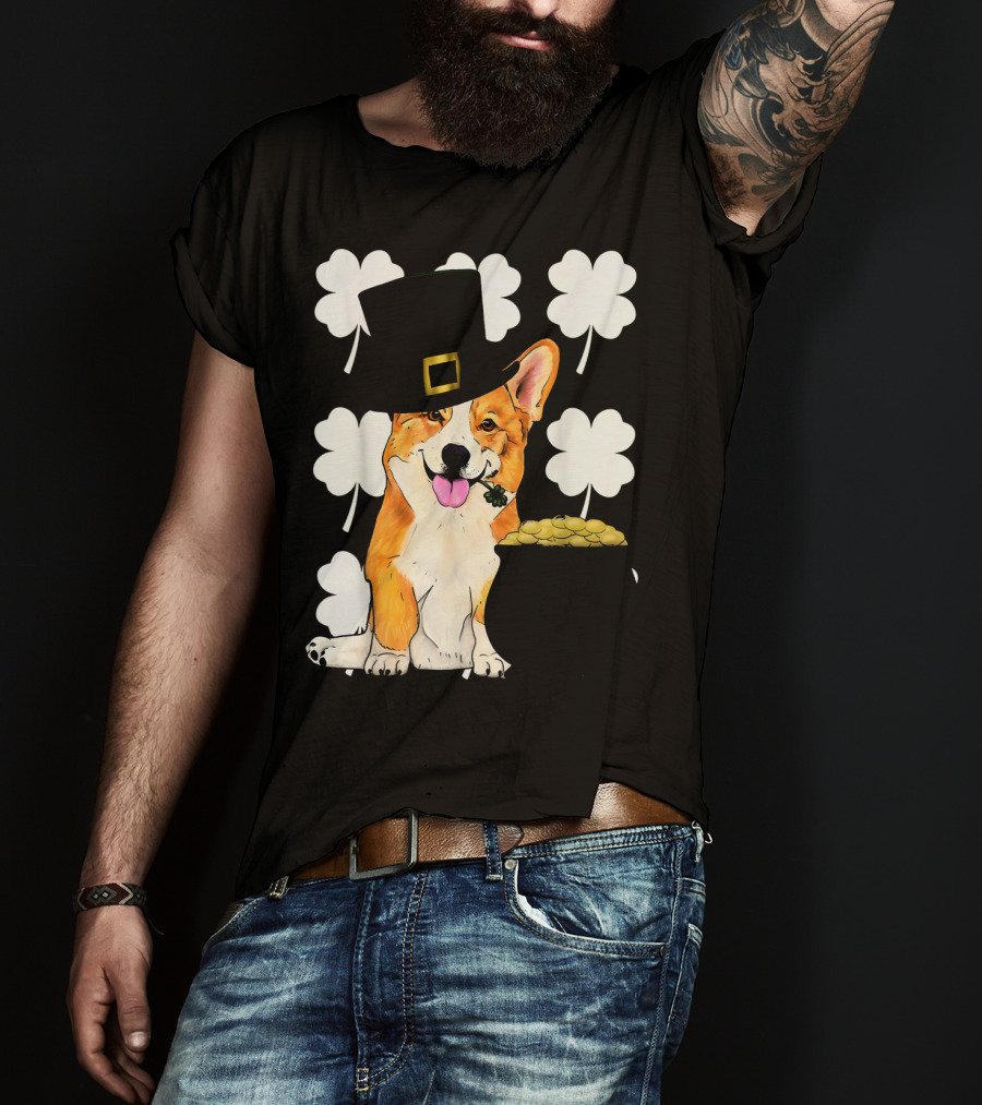 Irish Corgi St. Patricks Day Clover Leprechaun Hat And Pot Of Gold T-Shirt