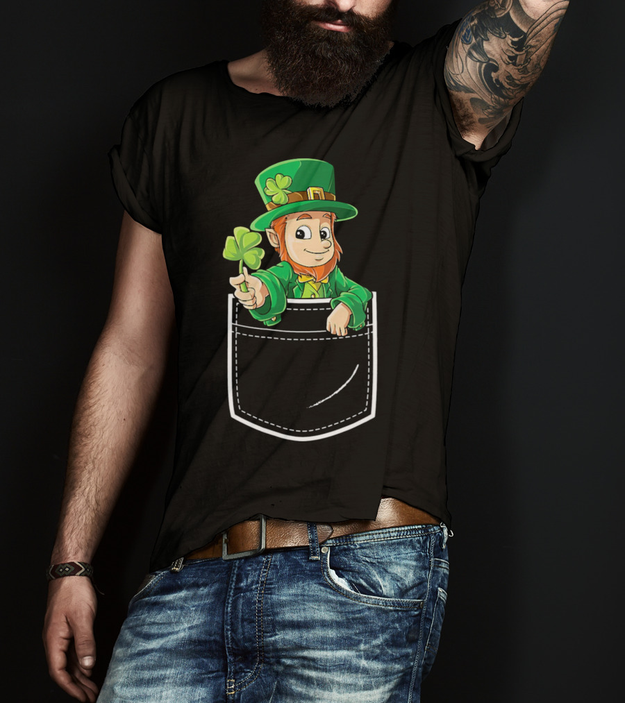 Leprechaun Holding Shamrock In Pocket For St Patricks Day T-Shirt