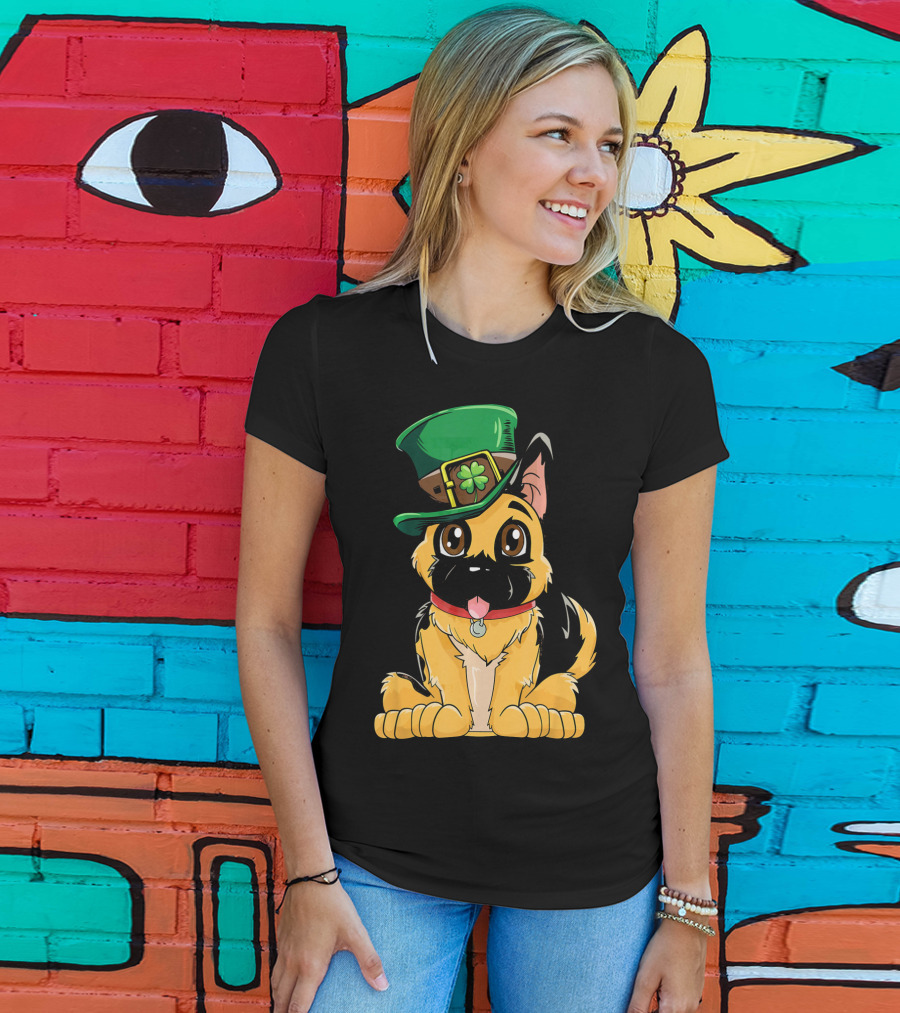 German Shepherd Wearing Leprechaun Hat With Clover T-Shirt