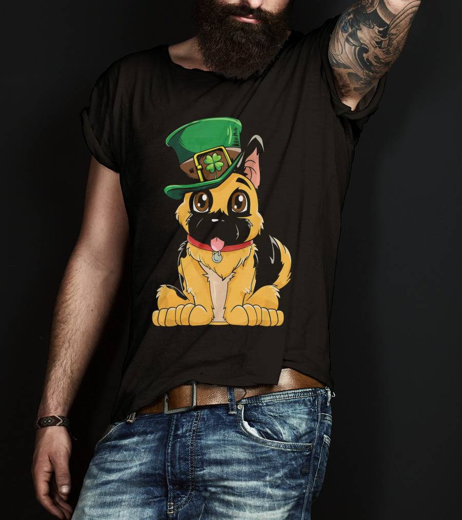 German Shepherd Wearing Leprechaun Hat With Clover T-Shirt