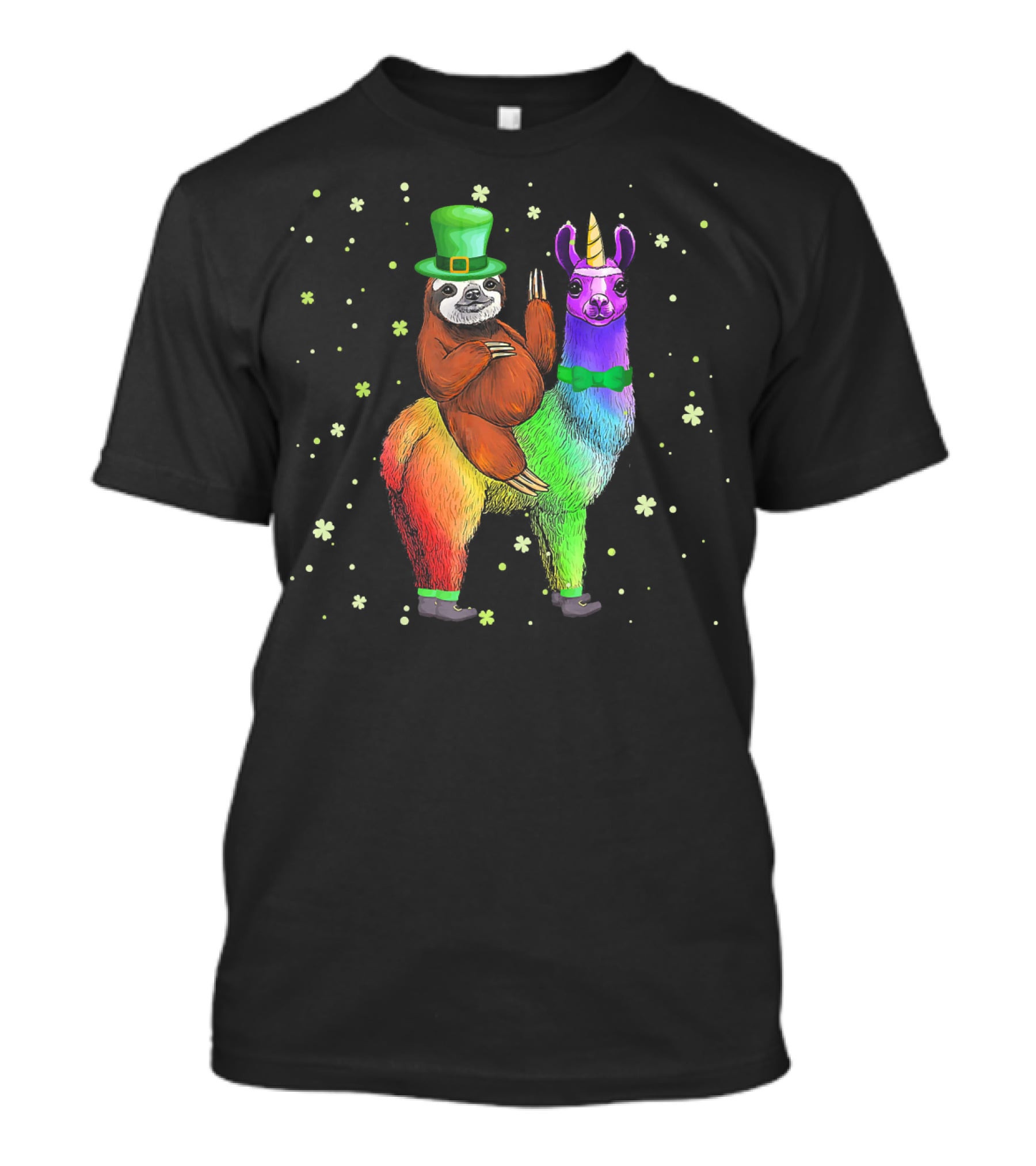 St. Patrick's Day Sloth With Green Hat On Rainbow Unicorn Llama T-Shirt