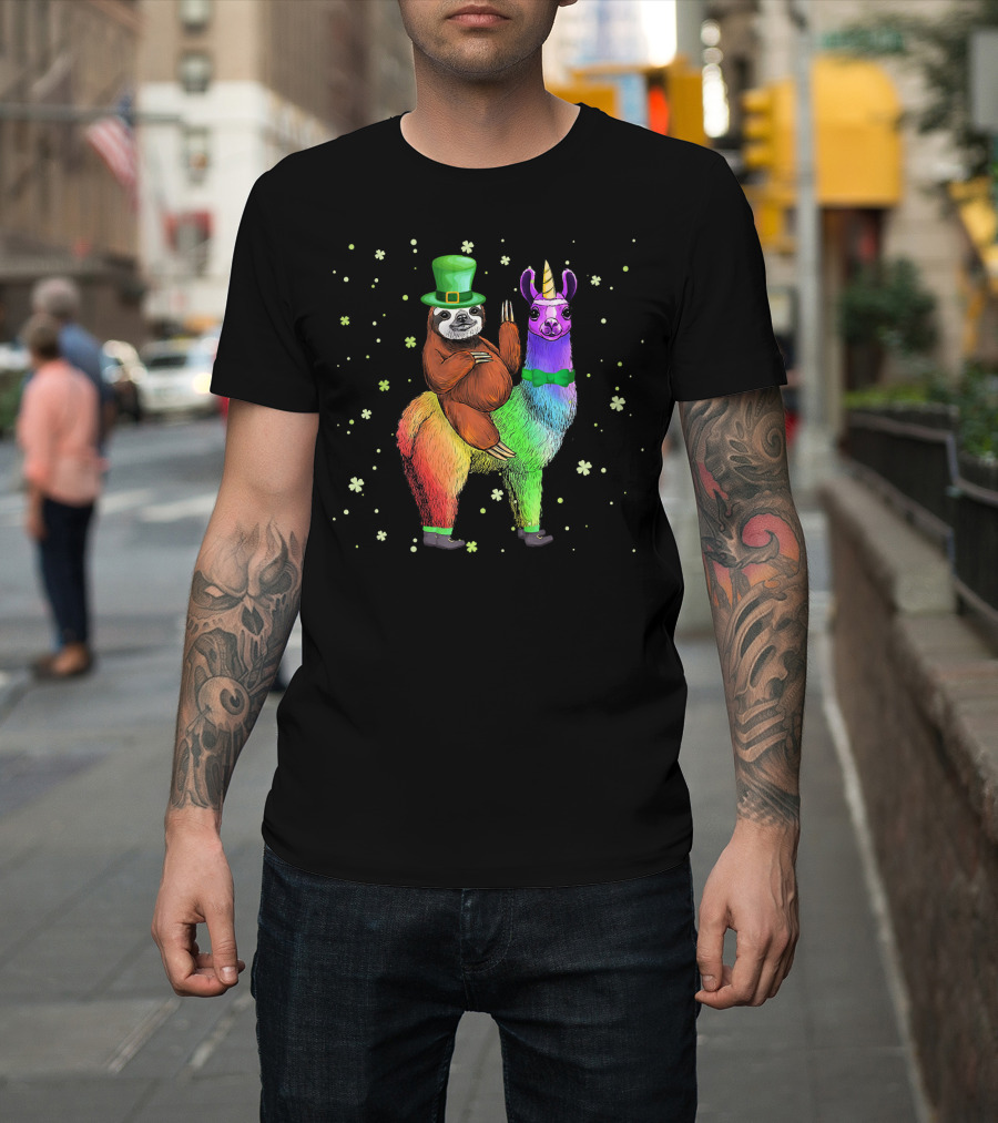 St. Patrick's Day Sloth With Green Hat On Rainbow Unicorn Llama T-Shirt