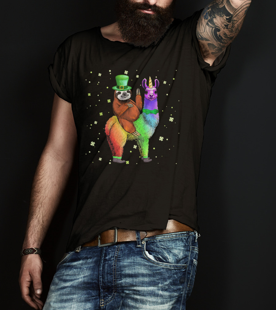 St. Patrick's Day Sloth With Green Hat On Rainbow Unicorn Llama T-Shirt