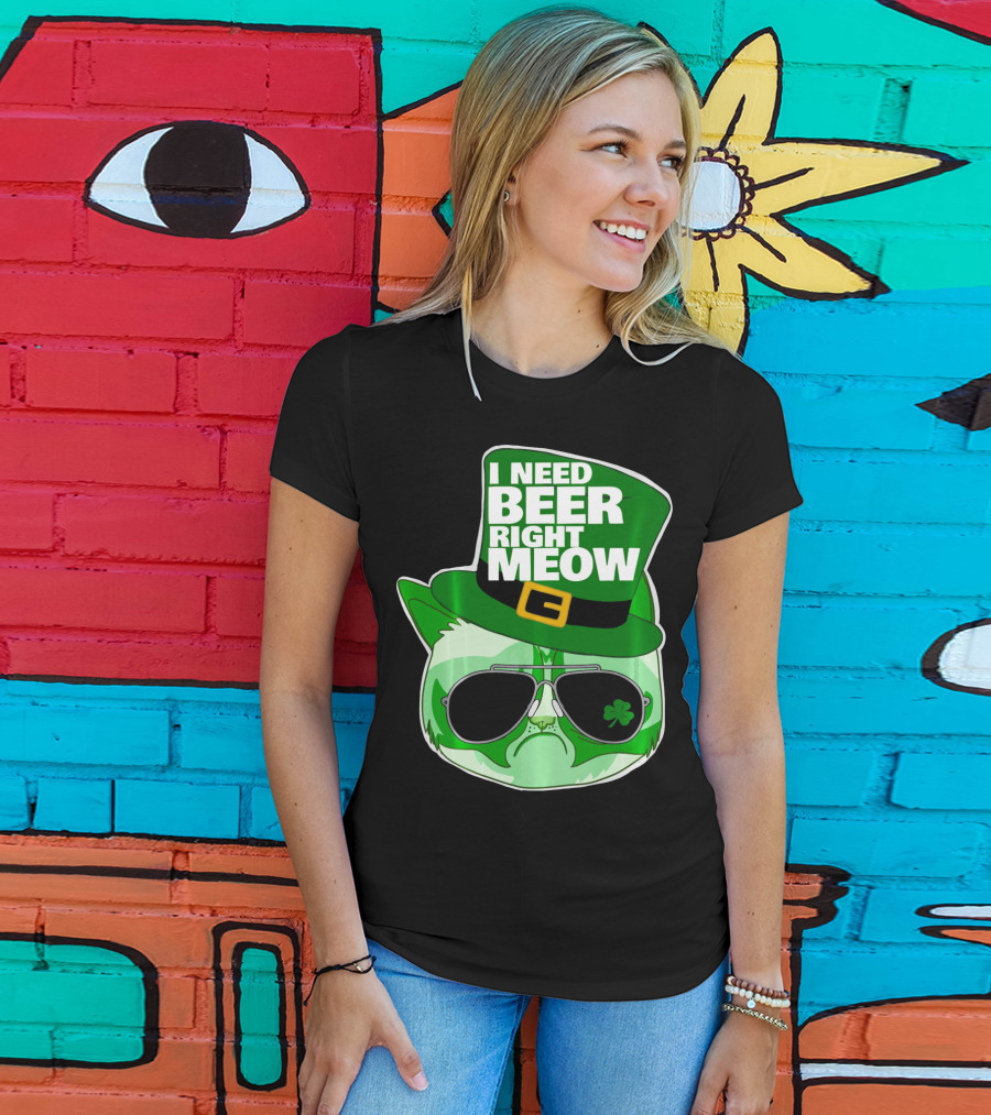 I Need Beer Right Meow Funny St Patricks Day Cat With Green Leprechaun Hat And Sunglasses T-Shirt