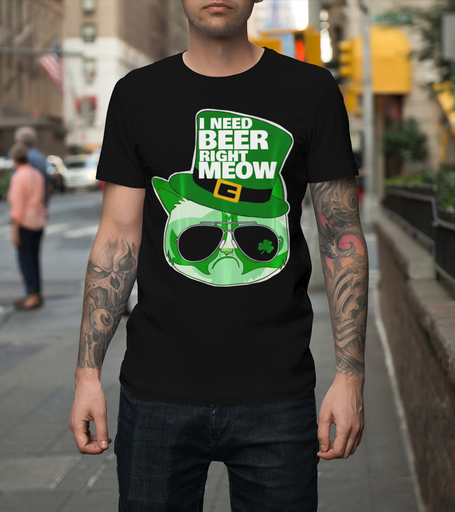 I Need Beer Right Meow Funny St Patricks Day Cat With Green Leprechaun Hat And Sunglasses T-Shirt