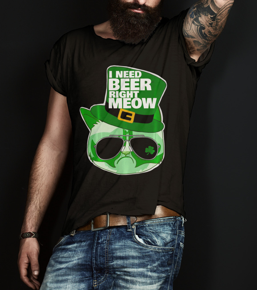 I Need Beer Right Meow Funny St Patricks Day Cat With Green Leprechaun Hat And Sunglasses T-Shirt