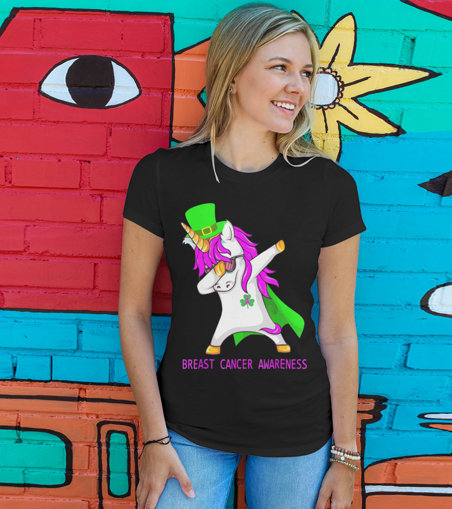 Unicorn Breast Cancer Awareness Dabbing With Green Hat And Clover Patrick T-Shirt